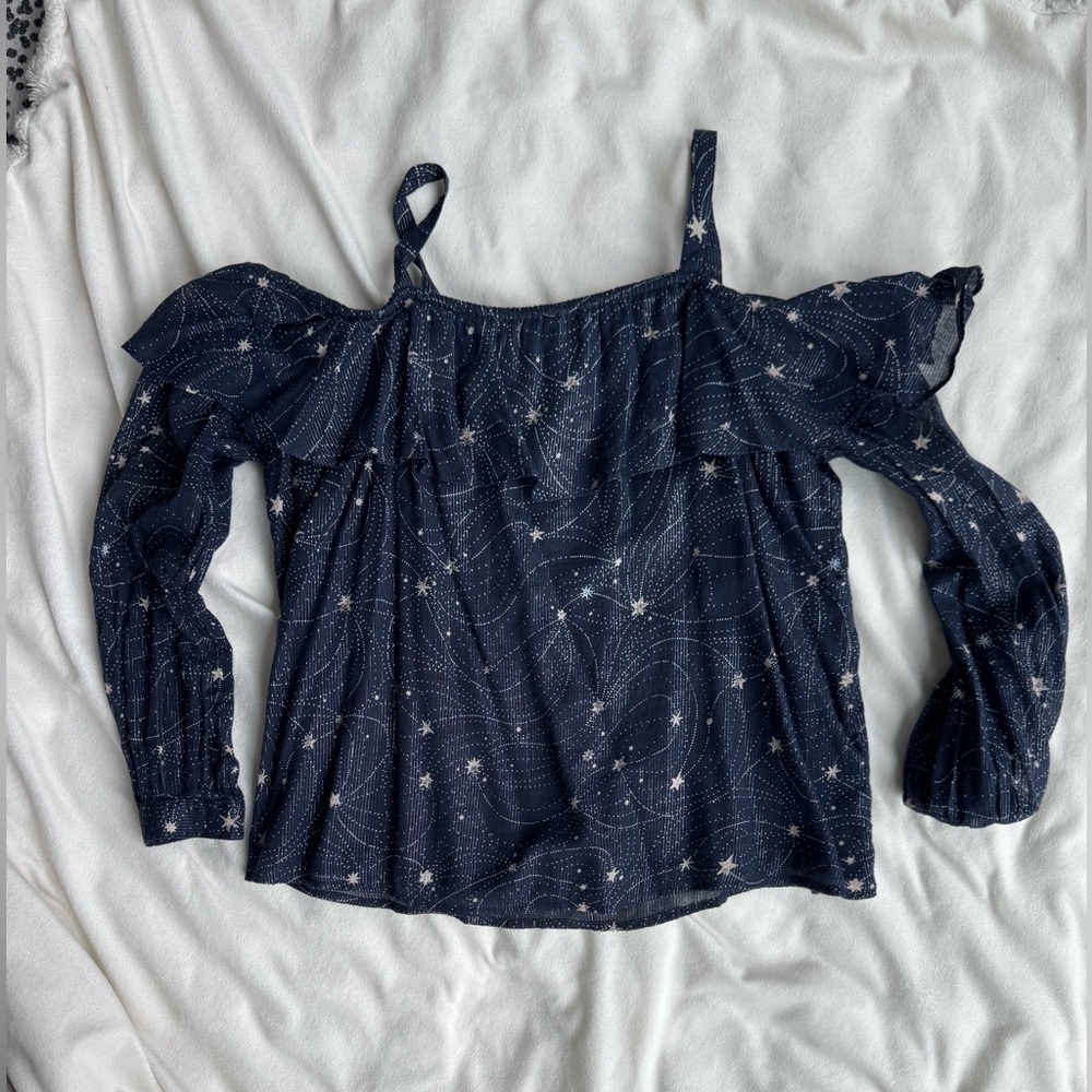 Navy Star-Print Off-Shoulder Blouse with Ruffle Trim
